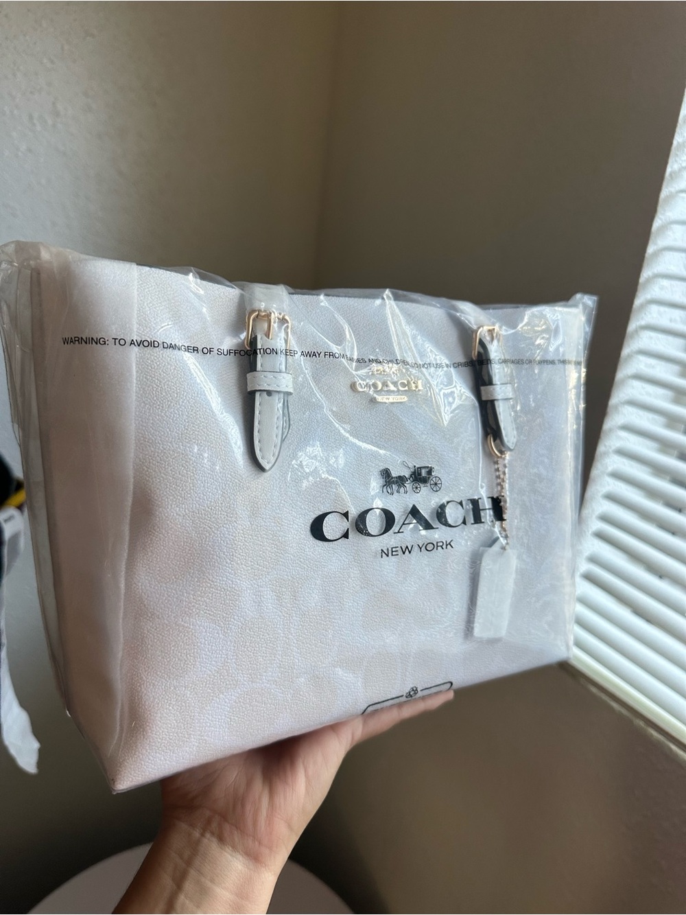 Coach White Signature Canvas Tote with Gold Hardware